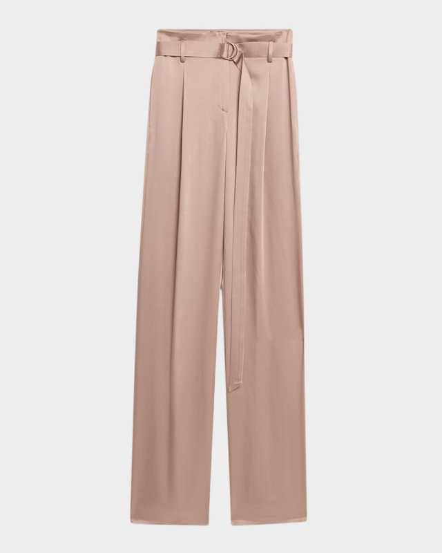 Pleated Straight-Leg Satin Pants With Belt